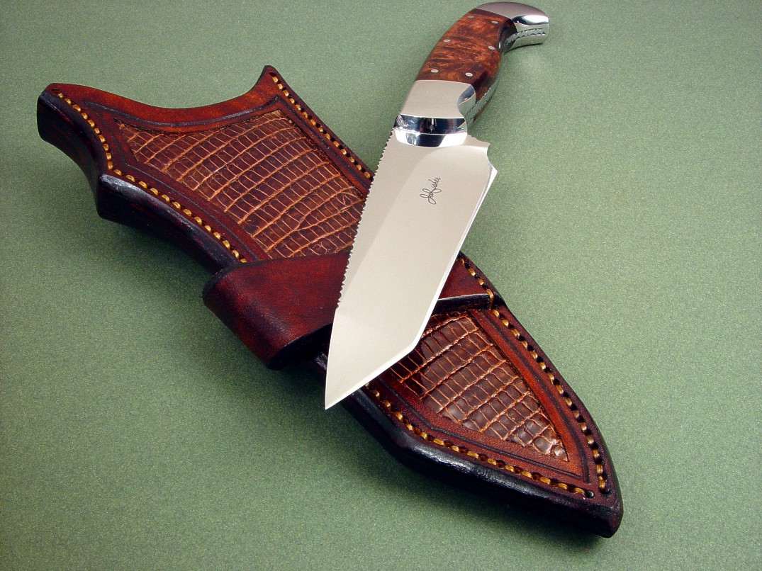 "Alegre EL" in 440C high chromium stainless steel blade, 304 stainless steel bolsters, Honduras Rosewood Burl handle, ringmark lizard skin inlays in crossdraw leather knife sheath