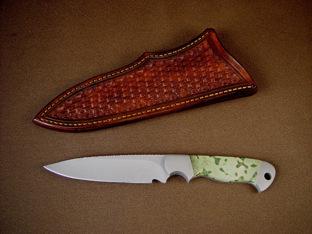 "Altair" Obverse side view: CPM S30V high vanadium stainless steel blade, 304 stainless steel bolsters, Frogskin Jasper gemstone handle, hand-stamped and tooled leather sheath