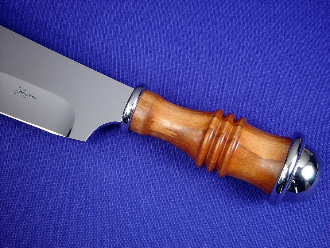 "Andrimne" Chef's Master Knife, obverse side view in 440C high chromium stainless steel blade, 304 stainless steel guard ferrule and pommel ferrule, Peach hardwood turned handle, hand-stamped, hand-laced leather sheath