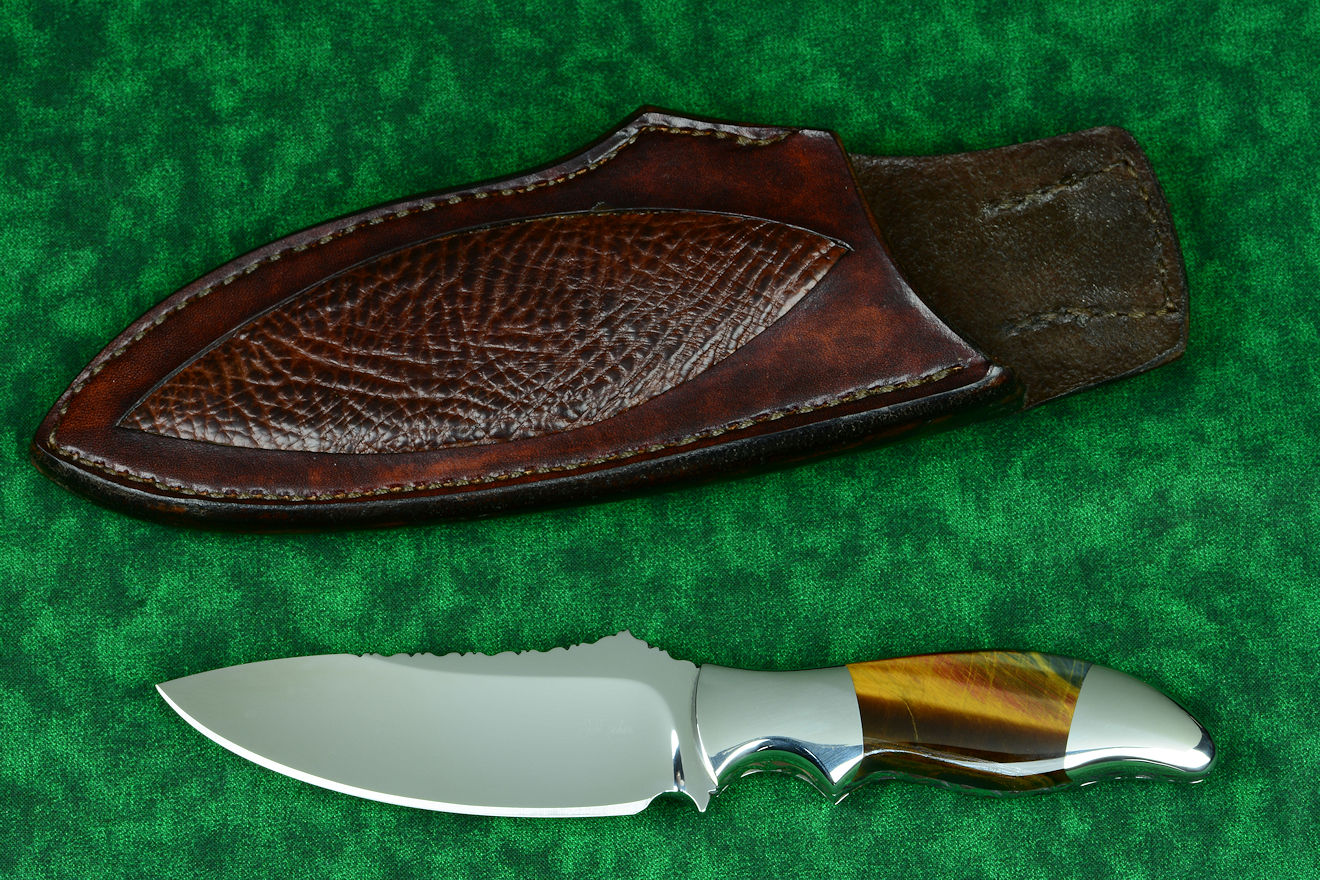 "Arcas" fine custom handmade knife, obverse side view in cryogenically treated 440C high chromum stainless steel blade, blue tiger eye gemstone handle, 304 stainless steel bolsters, American Buffalo (Bison) skin inlaid leather sheath