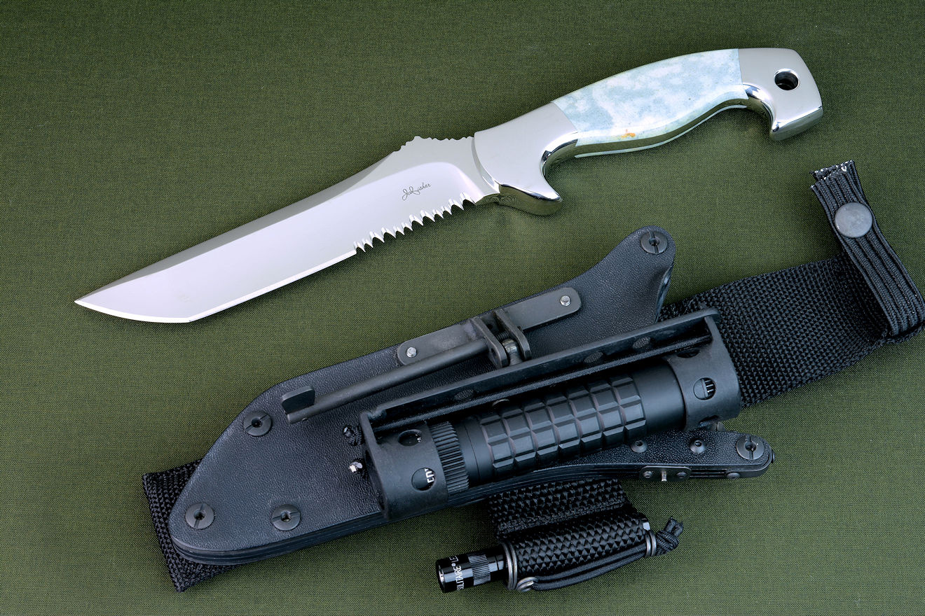 "Arctica" obverse side view in CPM154CM powder metal technology tool steel, 304 stainless steel bolsters, Cloud Jasper gemstone handle, locking kydex, aluminum, and stainless steel sheath