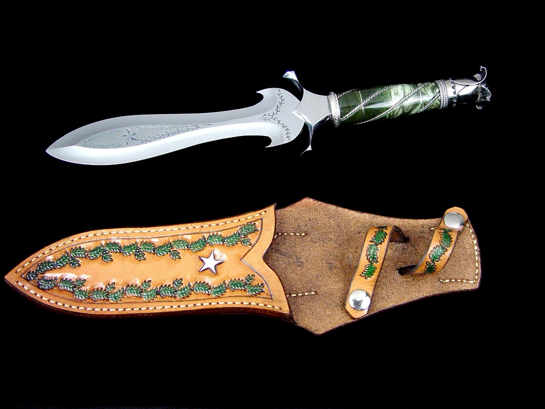 "Ariel" custom Athane Dagger in hand-engraved 440C high chromioum stainless steel blade, sterling silver and nickel silver in fluted twist Nephrite Jade gemstone handle, pommel if 304 stainless steel and Italian green goldstone gemstone handle, hand-tooled leather sheath