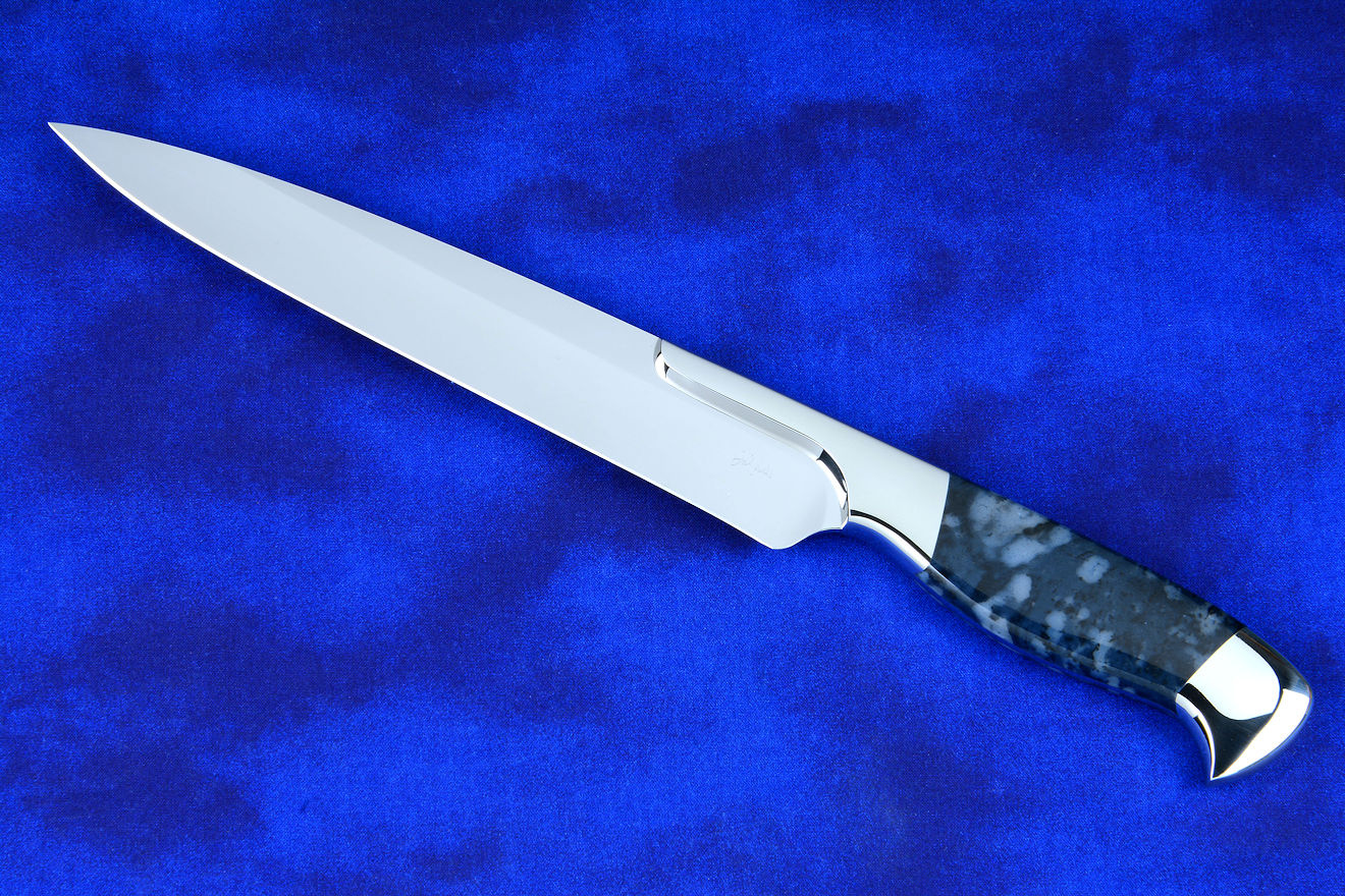 "Bordeaux" professional slicing knife, obverse side view in T3 deep cryogenically treated 440C high chromium stainless steel blade, 304 stainless steel bolsters, Night Leopard Agate gemstone handle