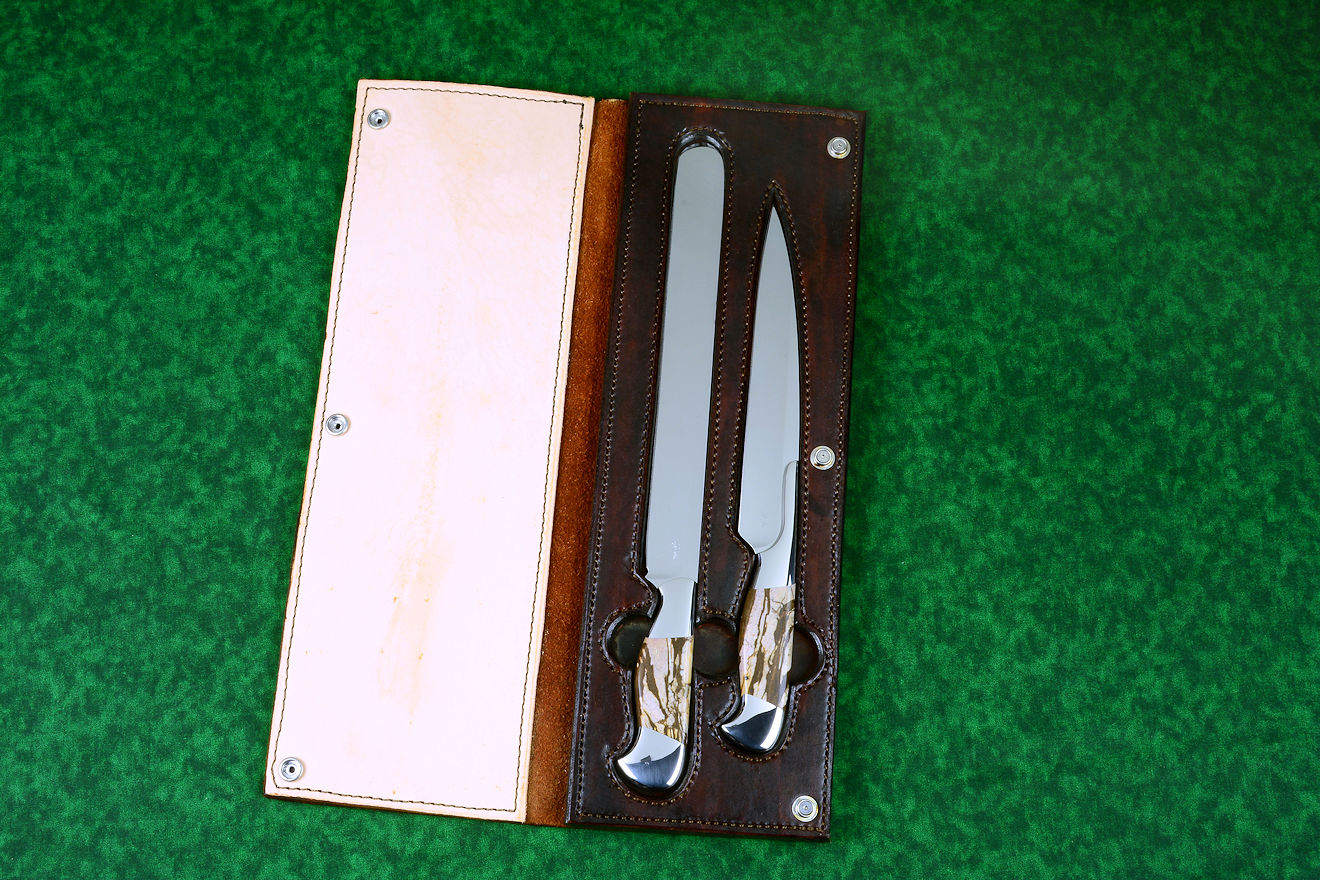 "Bordeaux and Rebanador" fine chef's knives, BBQ knives, book case inside view in Bison (American Buffalo) skin, heavy leather shoulder, nylon stitching, stainless steel hardware