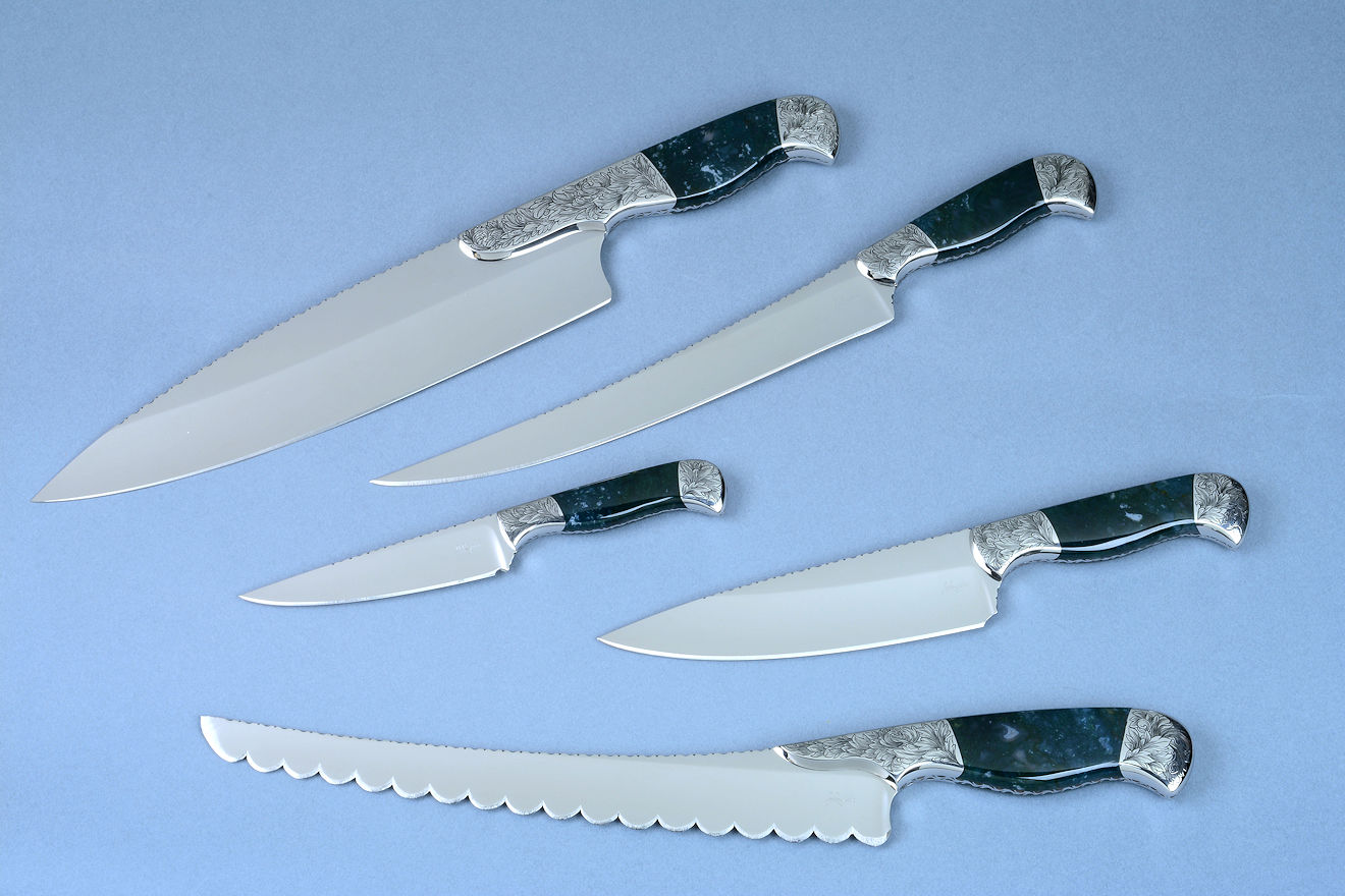 "Cassiopeia" fine custom chef's knives set, consisting of "Shedar" chef's knife, "Tsih" slicing knife, "Achird" paring knife, "Segin" utility knife, and "Caph" bread knife in T3 cryogenically treated 440C high chromium stainless steel blades, hand-engraved 304 stainless steel bolsters, Indian Green Moss Agate gemstone handles