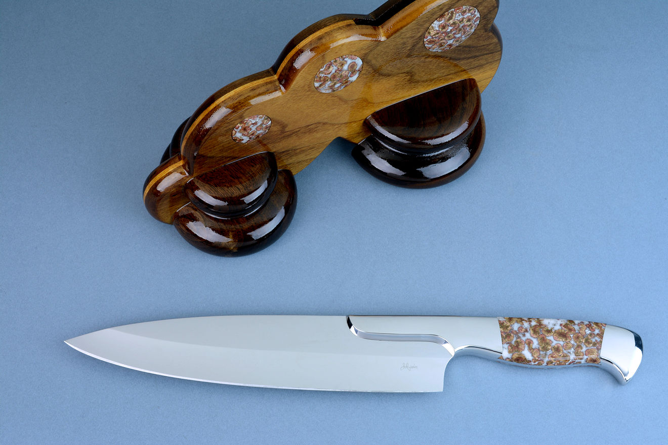 "Concordia" chef's knife in 440C high chromium stainless steel blade, 304 stainless steel bolsters, Poppy Jasper gemstone handle, Amerian Black Walnut stand inlaid with Poppy Jasper gemstone