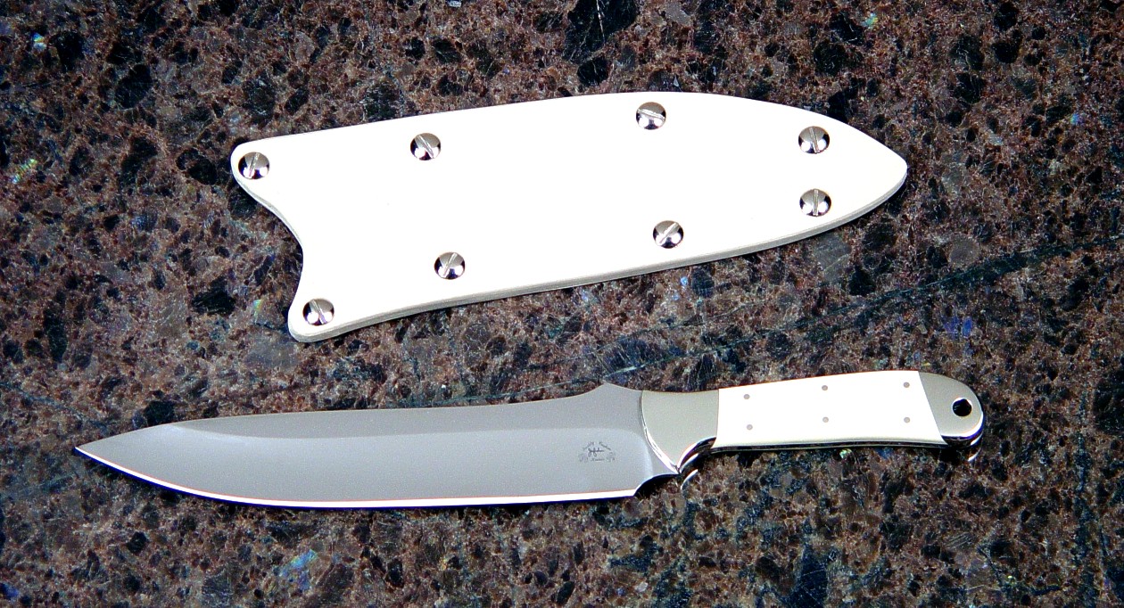 "Cyele" obverse side view in 440C high chromium stainless steel blade, nickel silver bolsters, ivory micarta phenolic handle, kydex, nickel plated steel slip sheath