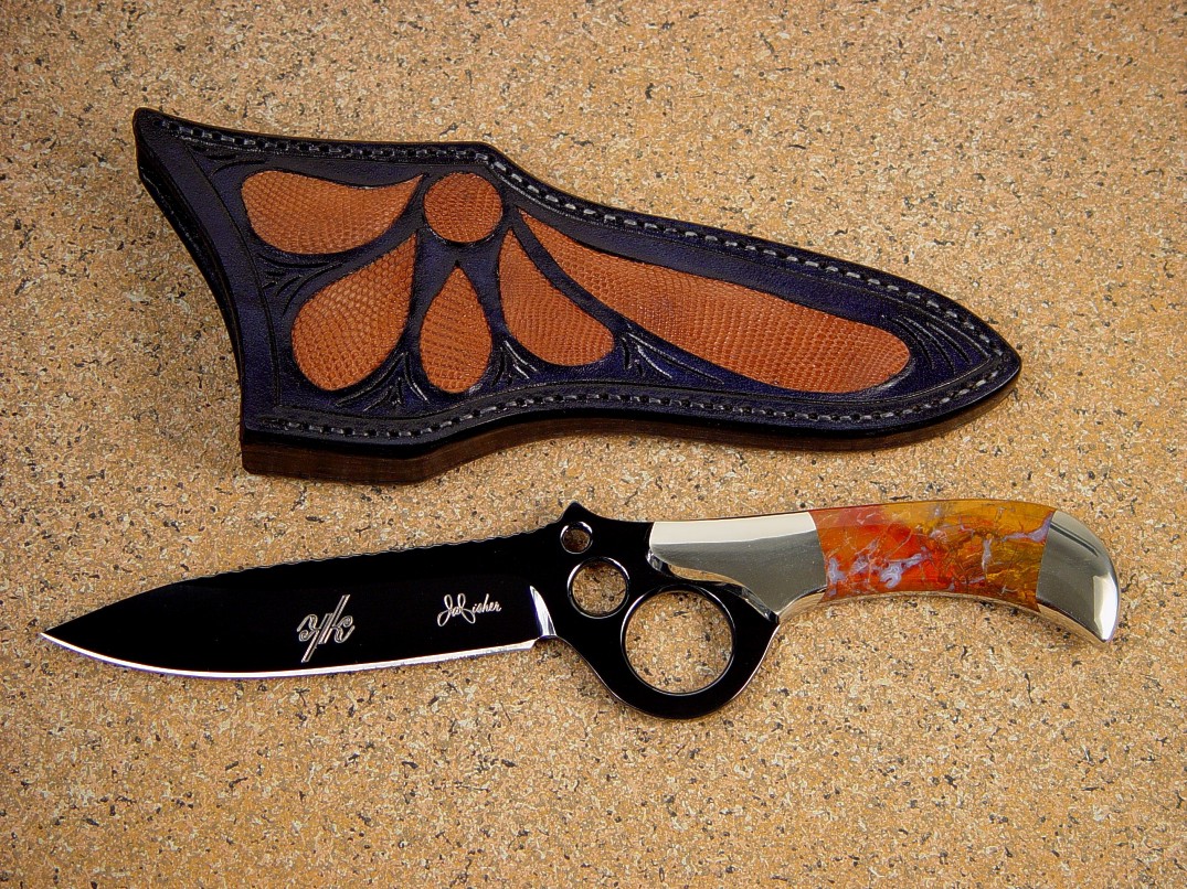 "Diacria" custom handmade knife with mirror finished and hot blued O-1 high carbon tunsgsten-vanadium tool steel blade, nickel silver bolsters, Polvadera Jasper gemstone handle, and lizard skin inlaid in hand-carved leather sheath