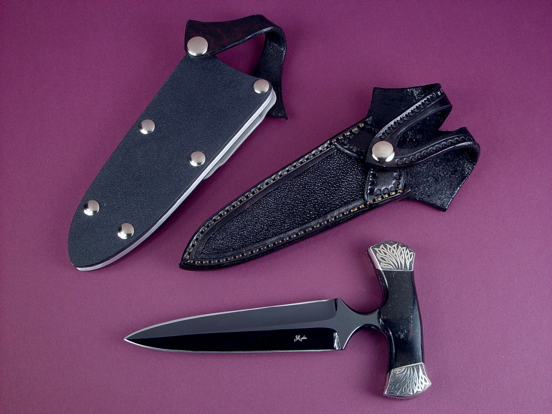 "Grim Reaper" push dagger, obverse side view in blued O1 high carbon tungsten-vanadium tool steel blade, hand-engraved nickel silver bolsters, Australian Black Jade gemstone handle, stingray inlaid in hand-carved leather sheath, kydex, aluminum, nickel plated steel sheath