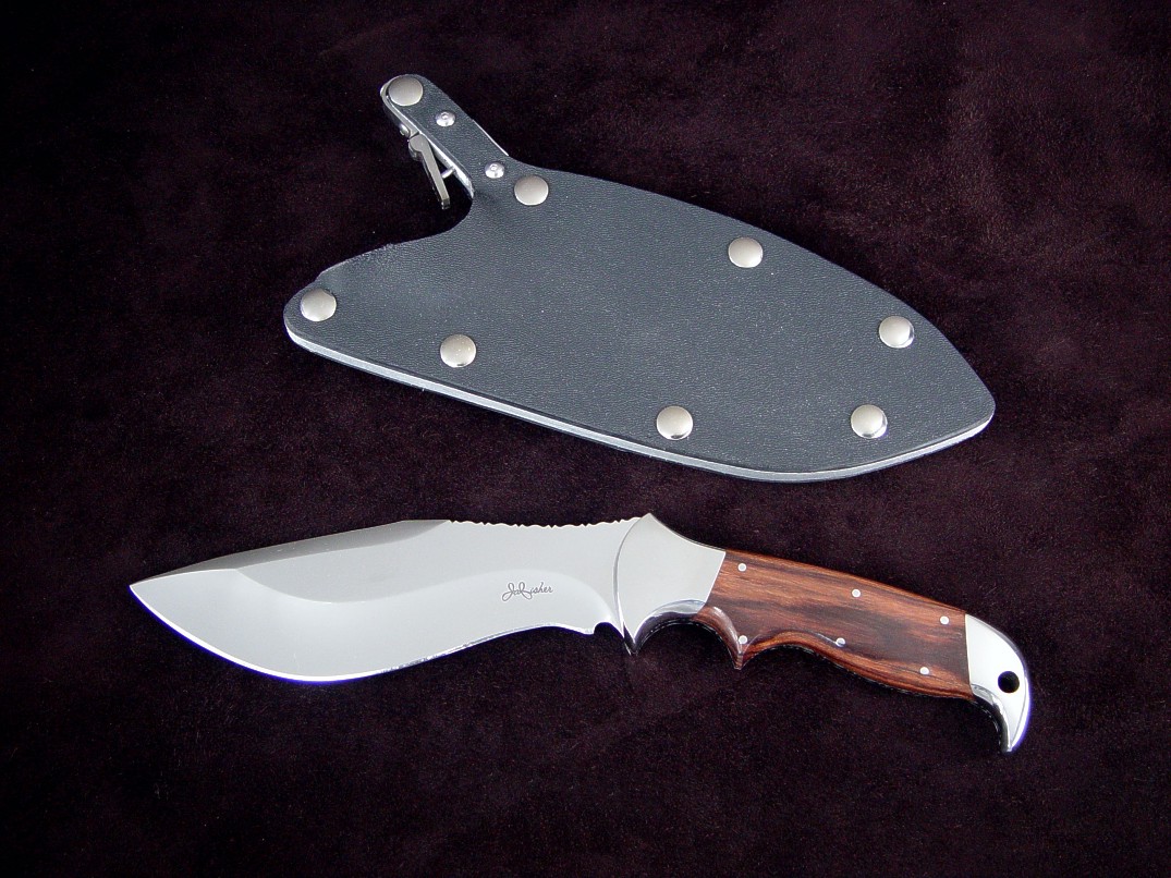 "Hooded Warrior" ATS-34 high molybdenum stainless tool steel blade, 304 stainless steel bolsters, Kingwood hardwood handle, locking kydex, aluminum, stainless steel combat sheath