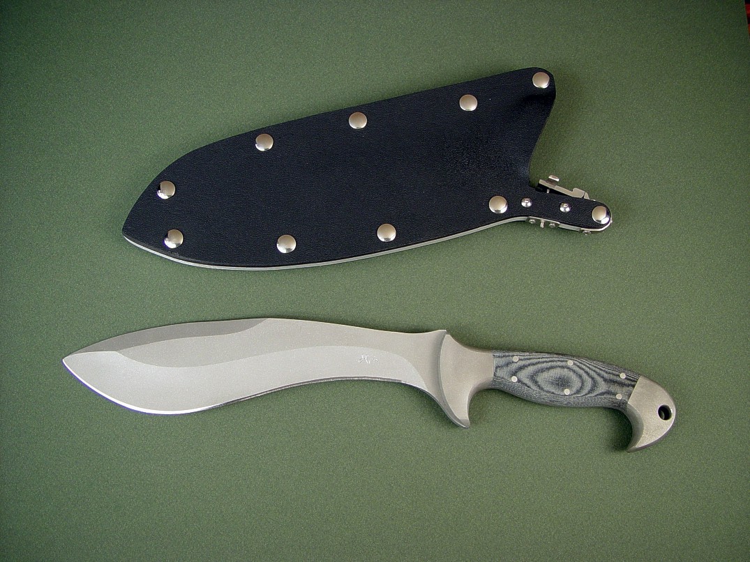 "Horrocks" combat, tactical knife: 440c high chromium stainless steel blade, 304 stainless steel bolsters, canvas micarta phenolic handle, locking kydex, aluminum, stainless steel sheath