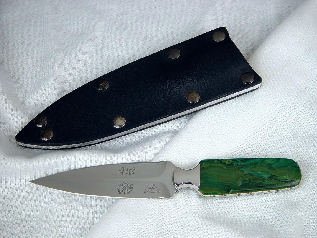 The "Kid" dagger, obverse side view in custom etched 440C high chromium stainless steel blade, 304 stainless steel bolsters, Budstone (Verdite) gemstone handle, kydex, aluminum, blued steel sheath 