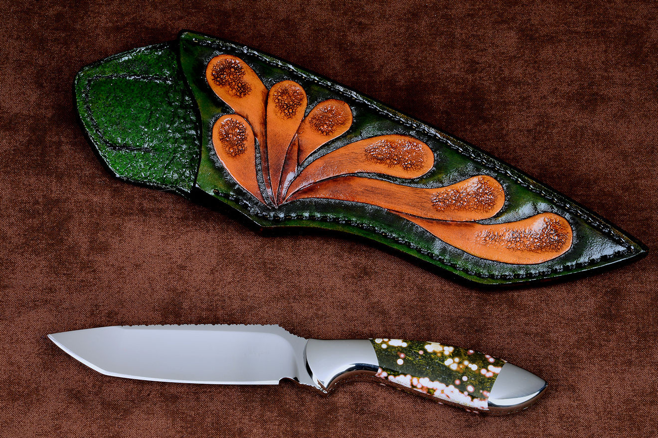 "Kita" obverse side view in 440C high chromium martenstic stainless steel, cryogenic treatment, 304 stainless steel bolsters, Ocean Jasper gemstone handle, hand-carved, hand-dyed leather sheath