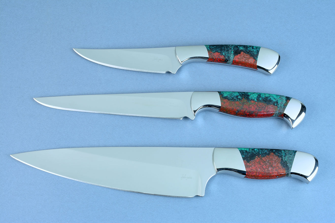 "Llano Sunrise" Chef's Set in T3 cryogenically treated 440C high chromium martensitic stainless steel blades, 304 stainless steel bolsters, Cuprite Mosaic gemstone handles