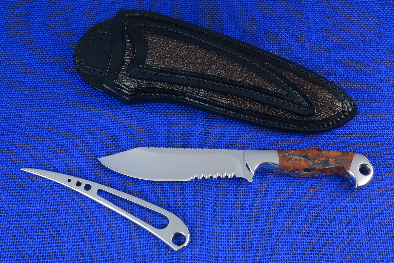 "Mariner" Sailor's Knife with "Seahawk" marlinspike, obverse side view in 440C high chromium martensitic stainless steel blade, T3 cyrogenic treatment, 304 stainless steel bolsters, Stone Canyon Jasper gemstone handle, hand-carved leather sheath inlaid with shark skin