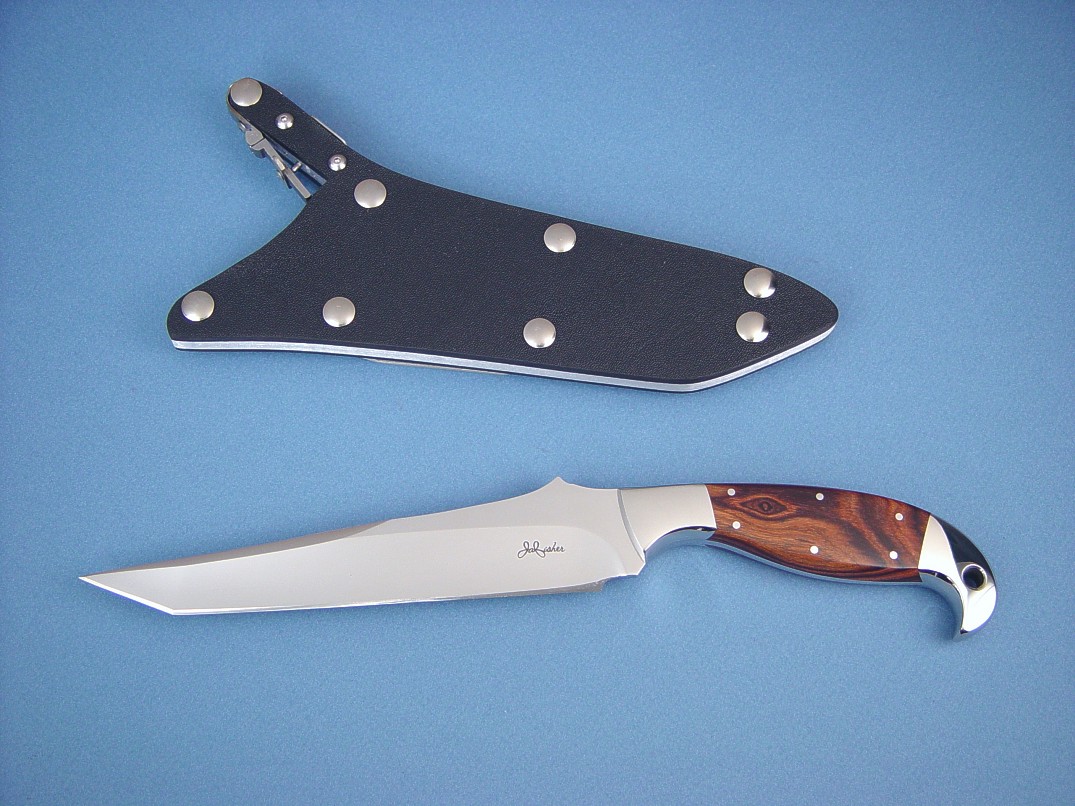 "Mercator" obverse side view: ATS-34 high molybdenum stainless steel blade, 304 stainless steel bolsters, Kingwood hardwood handle, locking kydex, aluminum, stainless steel sheath