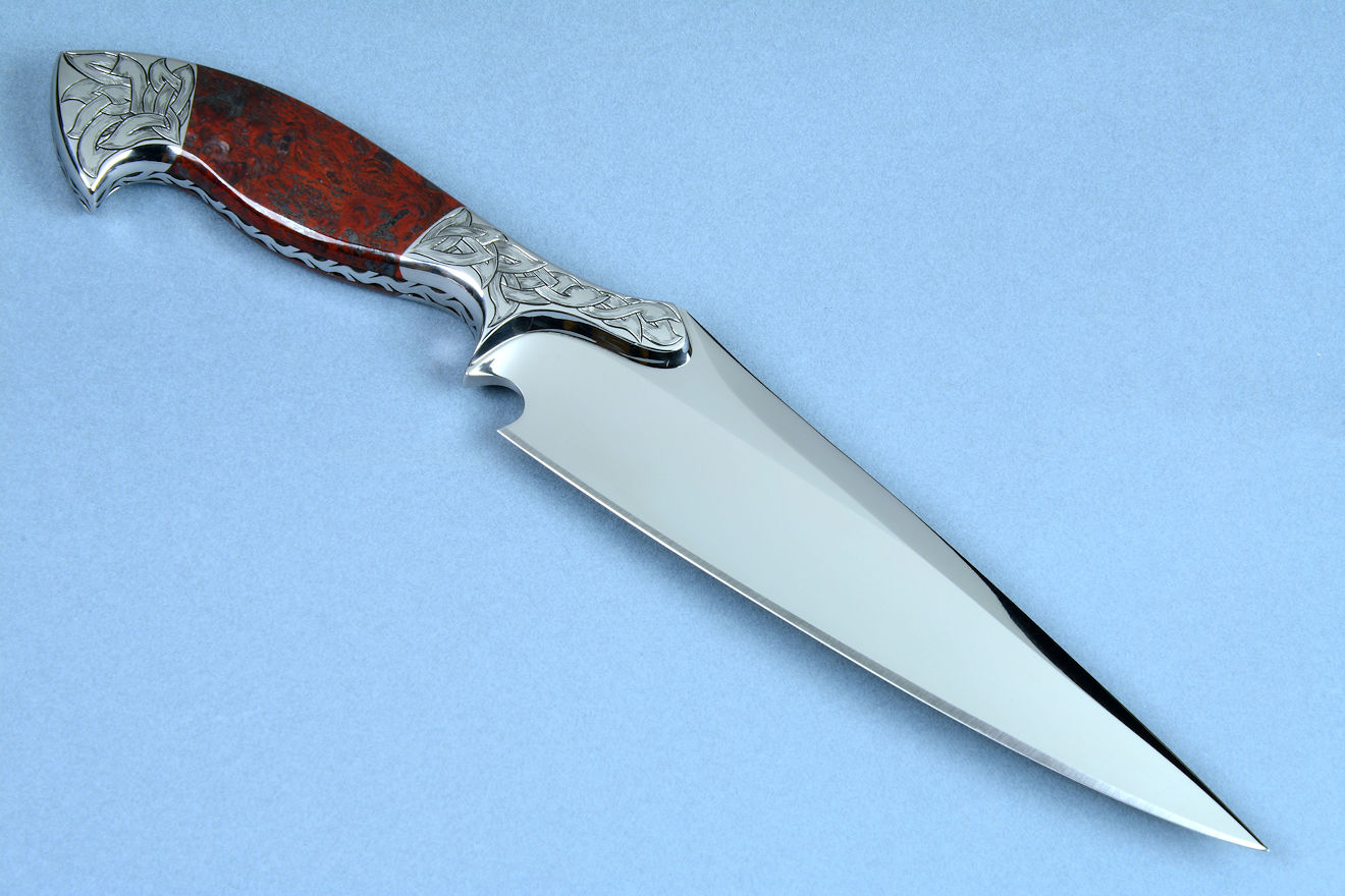 "Mesabi" custom knife sculpture in hand-cast bronze, 440C high chromium stainless steel blade, 304 hand-engraved stainless steel bolsters, Fossilized Stromatolite Chert gemstone