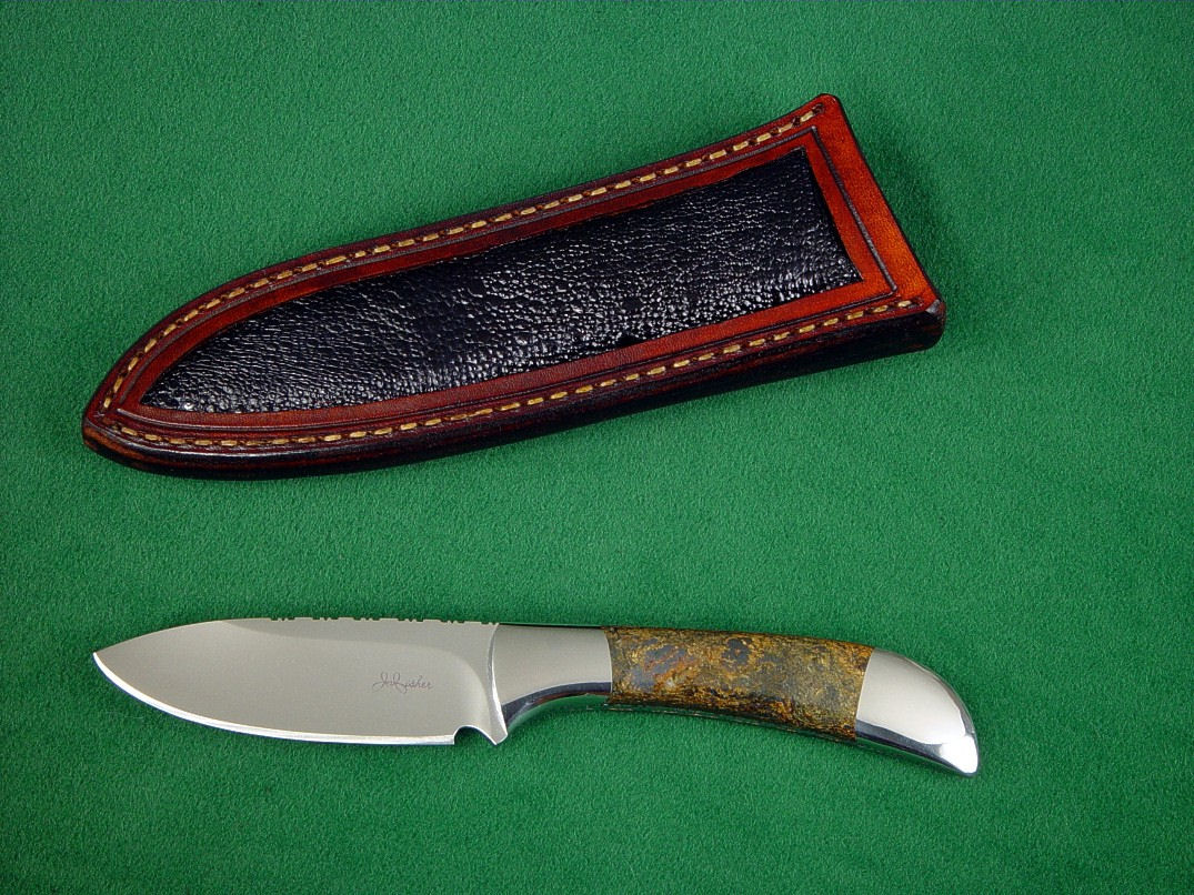 "Mule," Obverse side view in 440C high chromium stainless steel blade, 304 stainless steel bolsters, Bronzite Hypersthene gemstone handle, Frog skin inlaid in hand-carved leather sheath