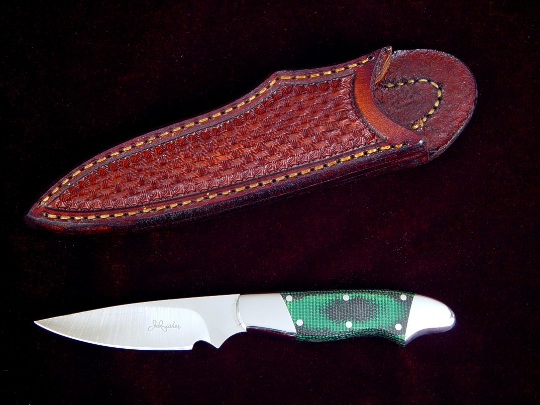 "Nihal" obverse side view in CPMS60V high vanadium tool steel blade, 304 stainless steel bolsters, green, black canvas reinforced micarta handle, basketweave leather sheath