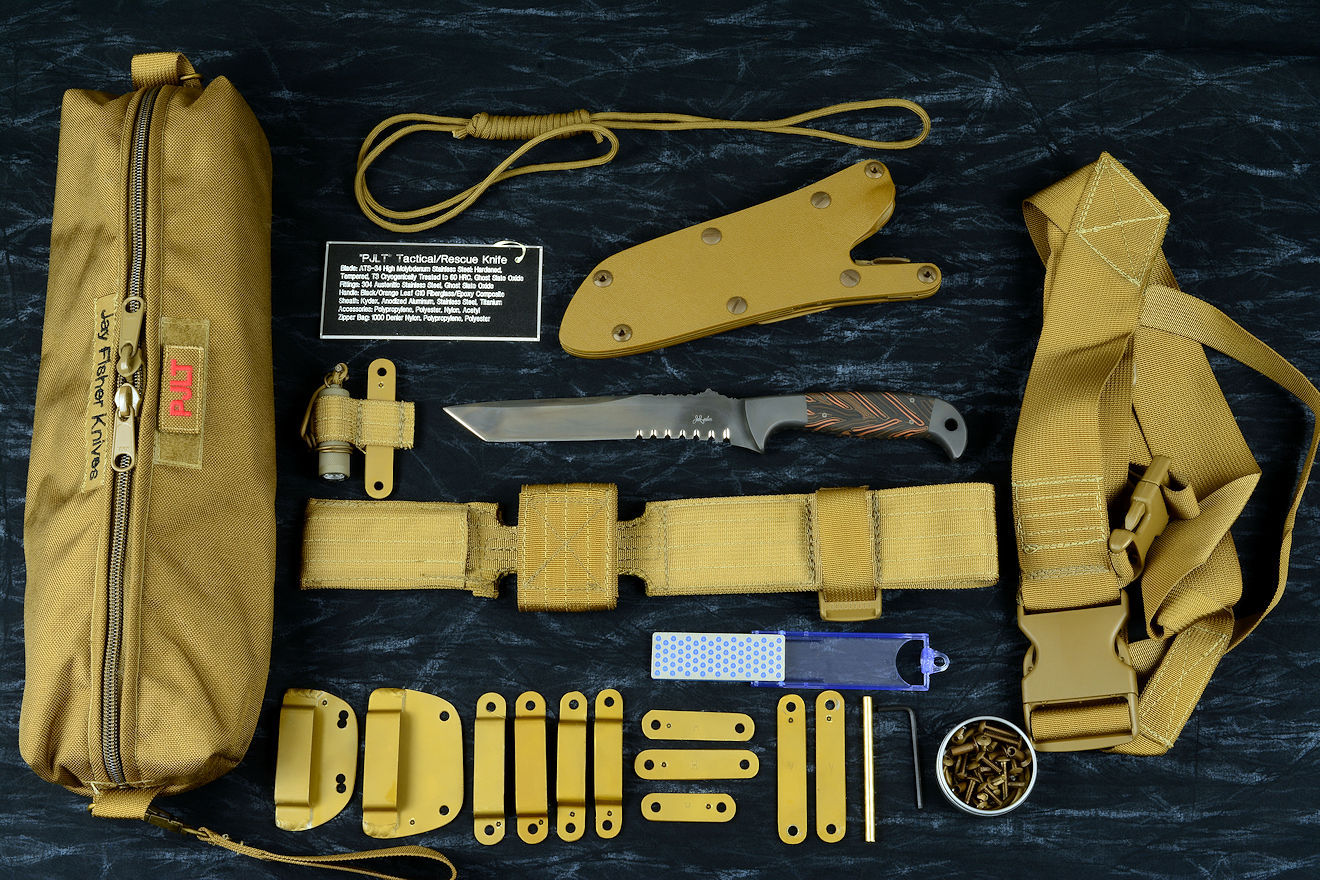 "PJLT" tactical, combat, rescue knife kit, with LIMA, UBLX, belt loops and mounting straps, sternum harness accessories and storage