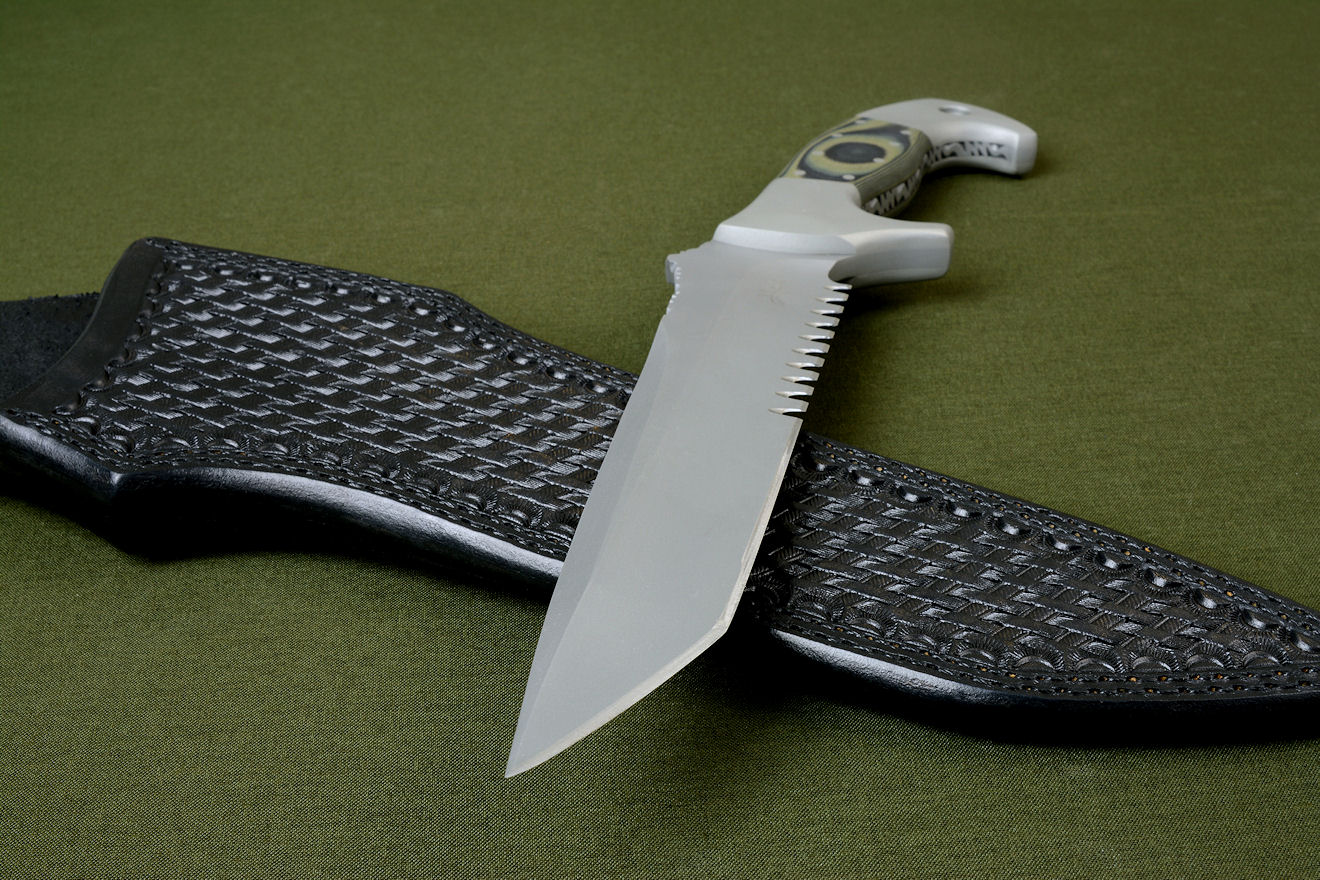 "Taranis" obverse side view in CPMS30V high vanadium stainless tool steel blade, 304 stainless steel bolsters, Olive/Black G10 fiberglass epoxy composite laminate handle, locking kydex, aluminum, stainless steel sheath with ultimate belt loop extender and accessories