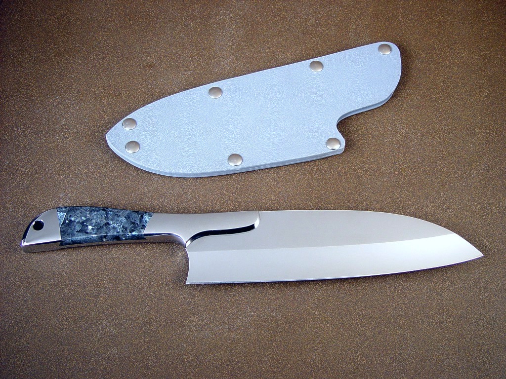 "Vega" Master Chef's Knife obverse side view: 440c high chromium stainless steel blade, 304 stainless steel bolsters, Larvikite (Blue Pearl granite) gemstone handle, kydex, nickel plated steel slip sheath