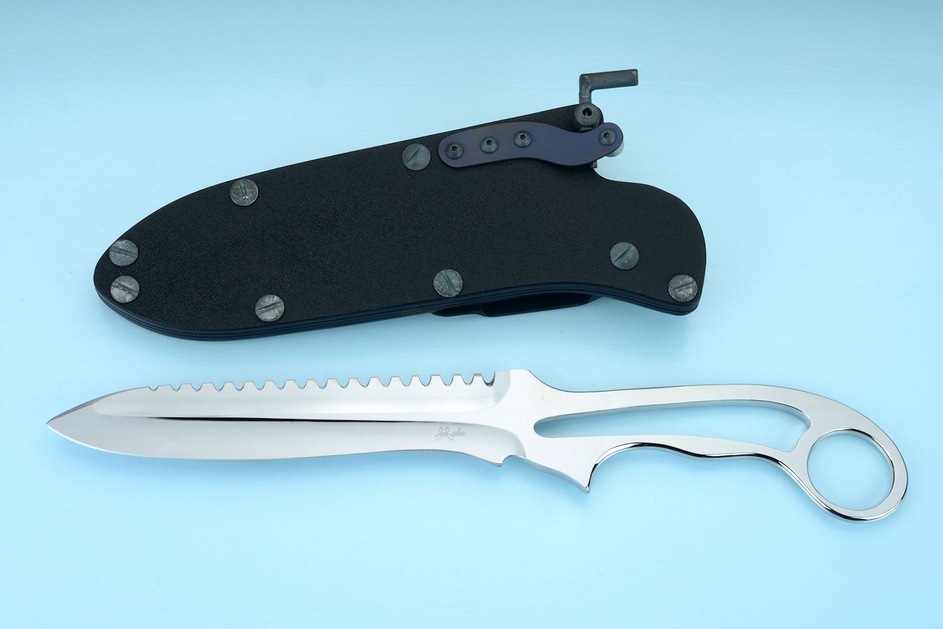 "Xanthid" counterterrorism knife knife in N360 nitrogen passivated tool steel blade, sheath of kydex, anodized 5052H32 aluminum welt frame, blackened and passivated 304 stainless steel hardware and fixtures, anodized 6AL4V titanium