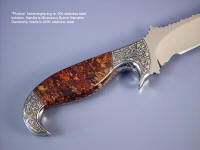 "Phobos" Obverse side view: 440C high chromium stainless steel blade, hand-engraved 304 stainless steel bolsters, Brown Micaceous Hematite Gemstone handle, brown rayskin inlaid in leather sheath