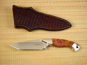 "Alegre" mirror polished 440C high chromium stainless tool steel blade, nickel silver bolsters, Polvadera Jasper gemstone handle, hand-tooled leather sheath