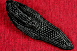 "Ari B'Lilah" professional counterterrorism knife, sheath back view. Sheath is tri-basketweave tooled, dyed black, lacquer sealed