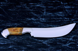 "Courbe Vaste" fine handmade chef's knife, BBQ knife, reverse side view in T3 cyrogenically treated 440C high chromium stainless steel blades, 304 stainless steel bolsters, Caprock petrified wood gemstone handles, Bison (American Buffalo), leather shoulder book case