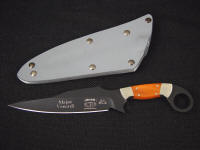 "Bulldog" obverse side view in bead blasted and hot blued O1 high carbon tungsten-vanadium alloy tool steel blade, nickel siver bolsters, Australian Blackwood hardwood handle, gray kydex, aluminum, blued steel sheath