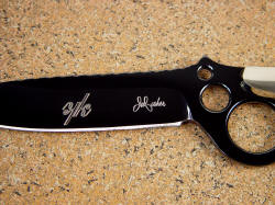 "Diacria" blade engraving detail. Deep diamond engraving on blade yields a striking monogram and maker's mark