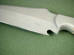 "Malaka" edge, choil, maker's mark detail in bead blasted 440C