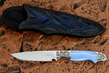 "Perseus" obverse side view in 440C high chromium martensitic stainless steel blade, hand-engraved 304 stainless steel bolsters, blue lace agate gemstone handle, hand-carved, hand-dyed leather sheath