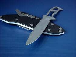 "Viper" skeletonized knife, point detail. Knife point shape is distinctly combat, with a razor-keen edge and good belly