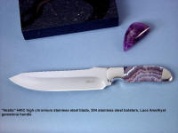 Fine Chef's Knife: "Hestia" 440c high chromium stainless steel blade, 304 stainless steel bolsters, Amethyst gemstone handle, walnut, Amethyst, black galaxy granite base