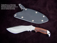 "Hooded Warrior" ATS-34 high molybdenum stainless tool steel blade, 304 stainless steel bolsters, Kingwood hardwood handle, locking kydex, aluminum, stainless steel combat sheath