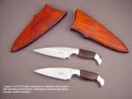 "Lagus" pair, obverse side view; ATS-34 high molybenum stainless steel blades, 304 stainless steel bolsters, Mahogany Obsidian gemstone handles, leather sheaths