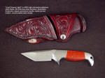 "Last Chance Light," obverse side view in 440C high chromium stainless steel blade, 304 stainless steel bolsters, Australian Snakeskin Jasper gemstone handle, hand-carved leather horizontal belt sheath