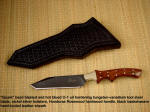 "Quark" utility, working knife: O-1 high carbon tungsten-vanadium tool steel blade, nickel silver bolsters, Honduras Rosewood handle, black basketweave sheath