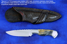 "Secora" fine handmade custom knife in T3 cryogenically treated 440C high chromium stainless steel blade, 304 stainless steel bolsters, Picasso Marble gemstone handle, hand-carved crossdraw leather sheath inlaid with Teju lizard skin