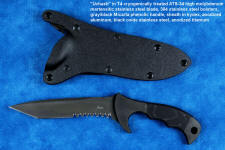 "Uvhash" tactical knife, obverse side view in T4 cryogenically treated ATS-34 high molybdenum martensitic stainles steel blade, 304 austenitic stainless steel bolsters, gray/black Micarta phenolic handle, positively locking sheath in kydex, black oxide stainless steel, 6AL4V anodized titanium, anodized aluminum