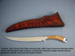 "Volans" fillet, boning, carving knife: 440C high chromium stainless steel blade, hollow ground and mirror finished, 304 stainless steel bolsters, Fossilized Cretaceous Algae gemstone handle, hand-carved leather sheath